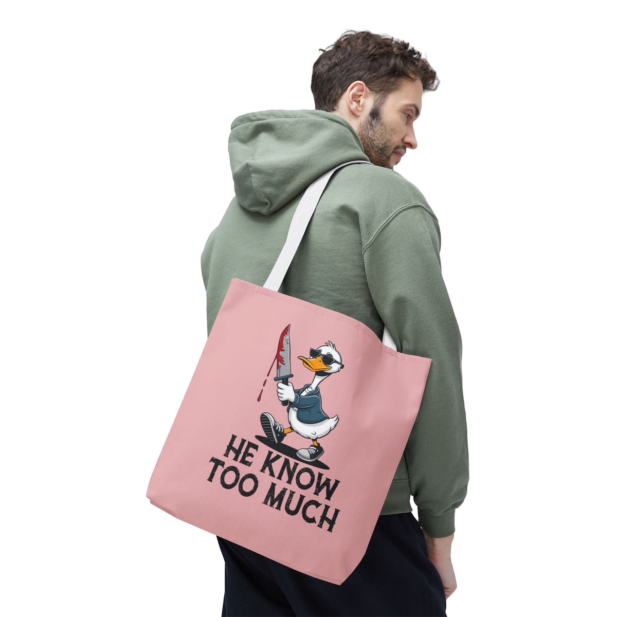 "He Know Too Much" Chaos Duck With Knife Funny Polyester Tote Bag