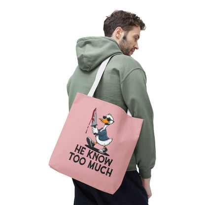 "He Know Too Much" Chaos Duck With Knife Funny Polyester Tote Bag