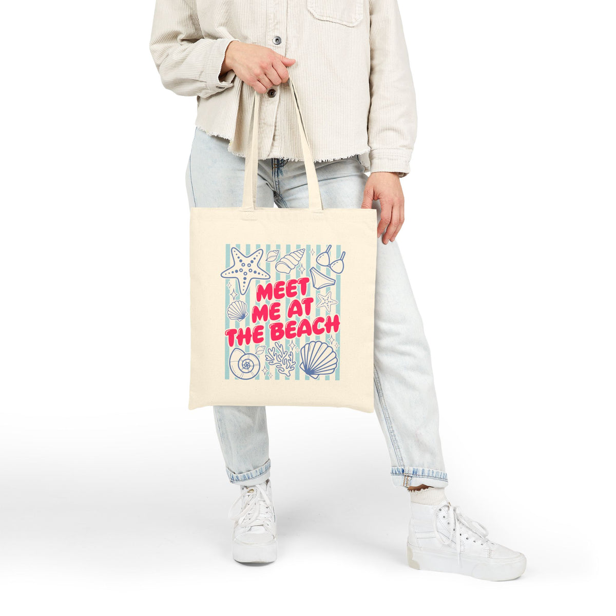 Meet Me At The Beach Coastal Seashells & Stripes Cotton Canvas Tote Bag