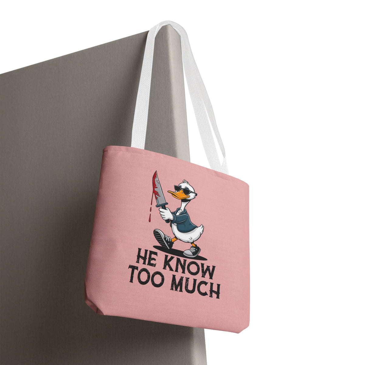 "He Know Too Much" Chaos Duck With Knife Funny Polyester Tote Bag
