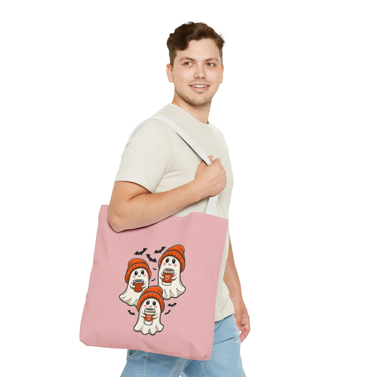 "Spooky Coffee Squad" Cute Ghosts With Beanies Polyester Tote Bag