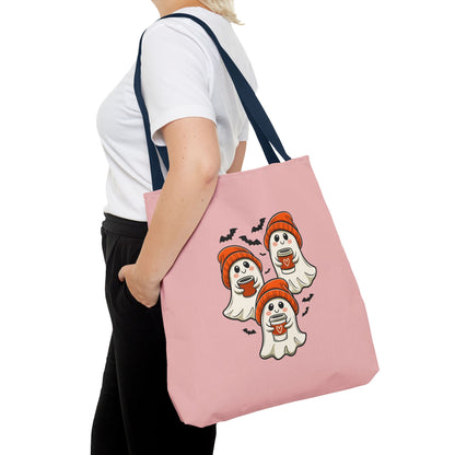 "Spooky Coffee Squad" Cute Ghosts With Beanies Polyester Tote Bag