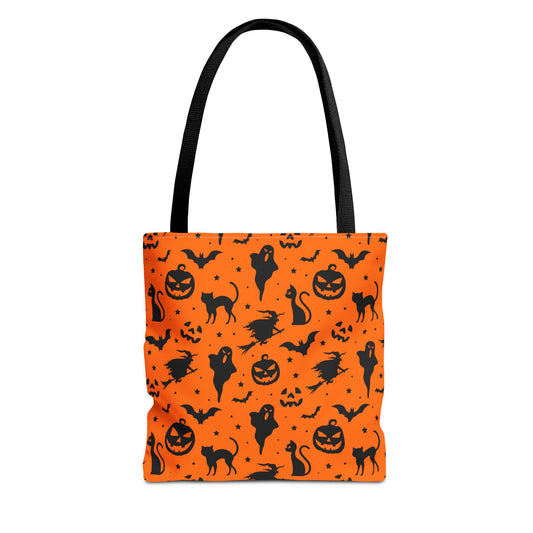 Spooky Halloween Seamless Pattern Tote Bag | Classic Orange & Black Trick-or-Treat Shopper