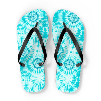 Cyan Blue Tie Dye Spiral Beach Flip Flops — Ocean Wave Summer Sandals