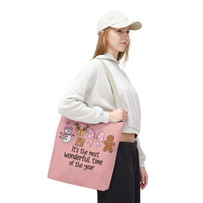 "It's The Most Wonderful Time Of The Year" Pink Holiday Icons Polyester Tote Bag