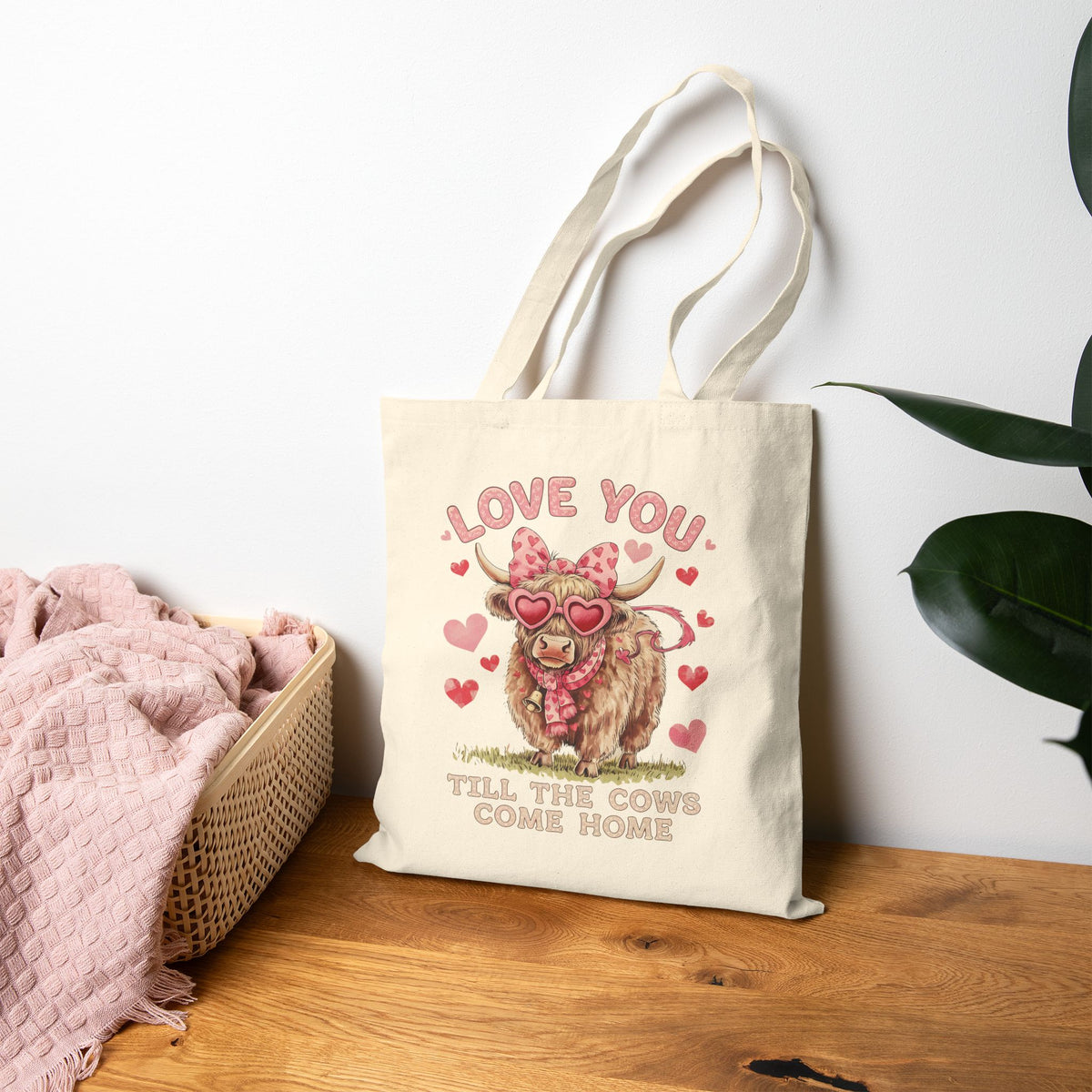 "Love You Till The Cows Come Home" Highland Cow Heart Sunglasses Cotton Canvas Tote Bag