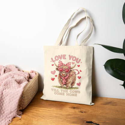 "Love You Till The Cows Come Home" Highland Cow Heart Sunglasses Cotton Canvas Tote Bag