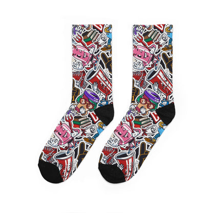 College Mascot Sticker Bomb Streetwear Cushioned Crew Socks