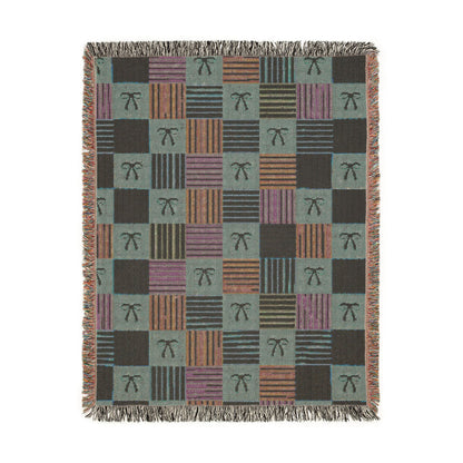 Cozy Patchwork & Pink Bows Woven Throw Blanket