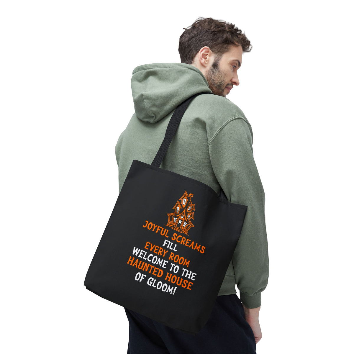 Halloween Haunted House Tote Bag — "Joyful Screams" Trick-or-Treat Reusable Shopper
