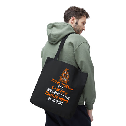 Halloween Haunted House Tote Bag — "Joyful Screams" Trick-or-Treat Reusable Shopper