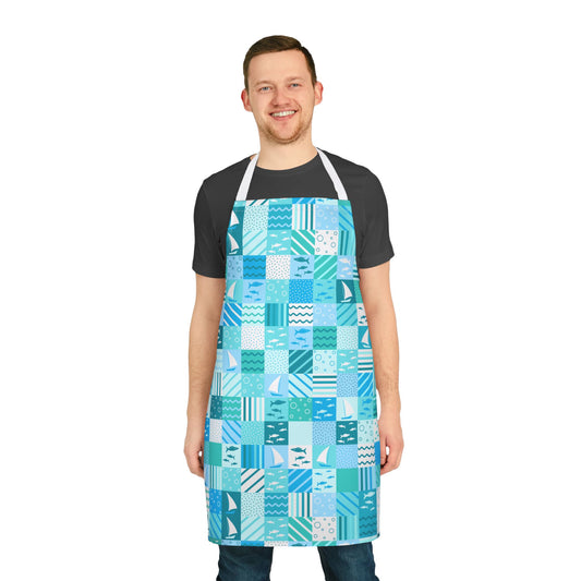 Nautical Blue Sailboat & Ocean Patchwork All-Over Print Apron | Coastal Cooking Gift