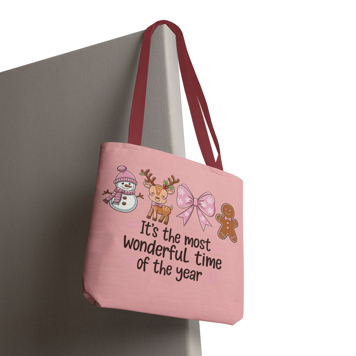 "It's The Most Wonderful Time Of The Year" Pink Holiday Icons Polyester Tote Bag