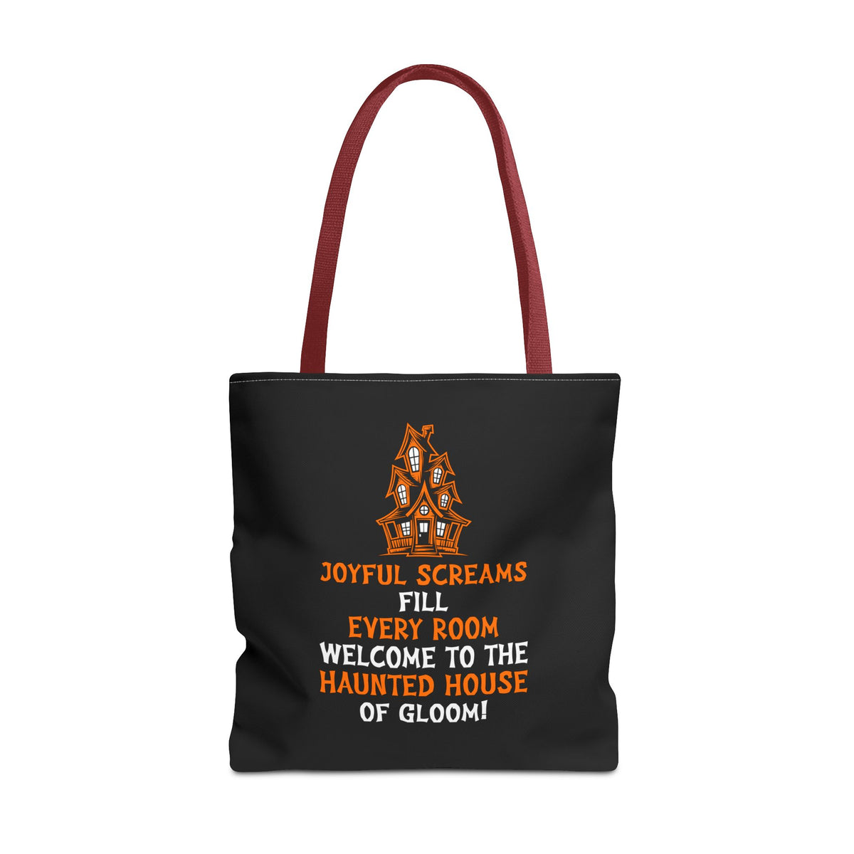 Halloween Haunted House Tote Bag — "Joyful Screams" Trick-or-Treat Reusable Shopper