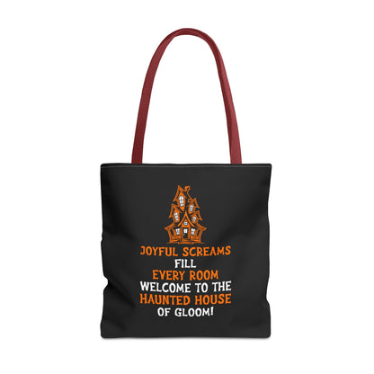 Halloween Haunted House Tote Bag — "Joyful Screams" Trick-or-Treat Reusable Shopper