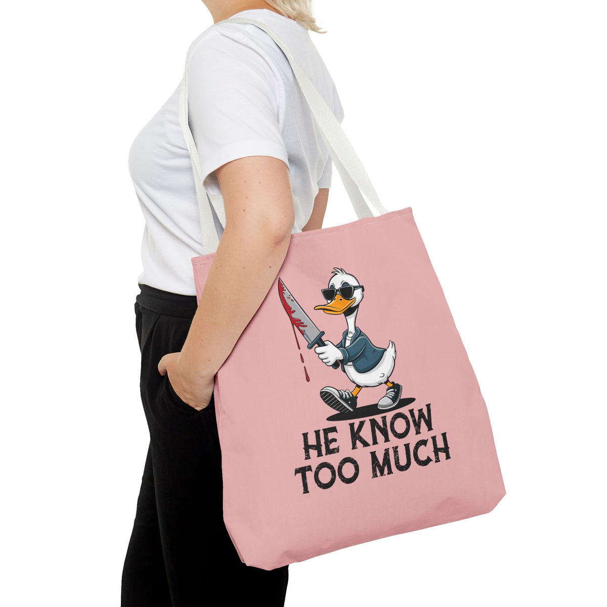 "He Know Too Much" Chaos Duck With Knife Funny Polyester Tote Bag