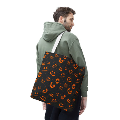 Spooky Jack-O'-Lantern Faces Pattern Tote Bag | Neon Orange & Black Halloween Shopper