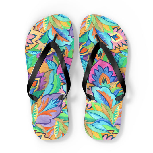 Boho Tropical Leaves Watercolor Flip Flops — Vibrant Artistic Summer Sandals