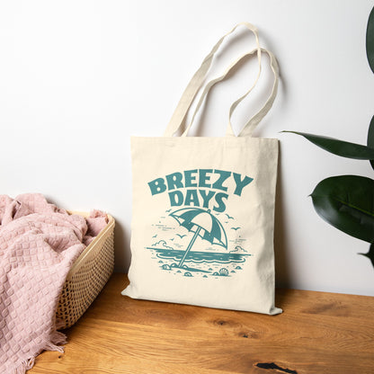 "Breezy Days" Beach Umbrella Coastal Cotton Canvas Tote Bag