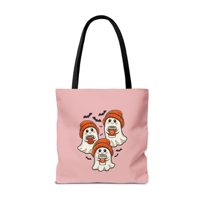 "Spooky Coffee Squad" Cute Ghosts With Beanies Polyester Tote Bag