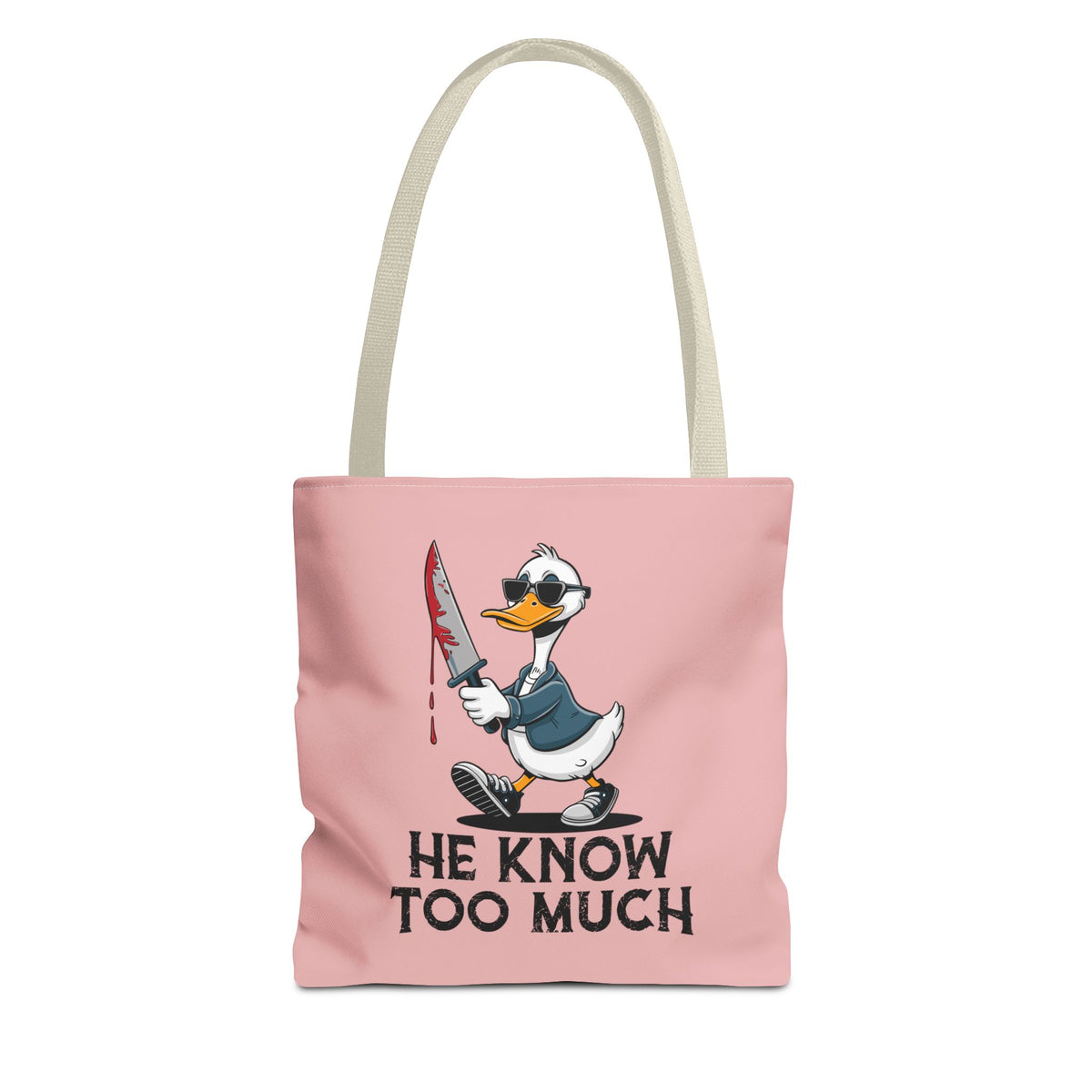 "He Know Too Much" Chaos Duck With Knife Funny Polyester Tote Bag
