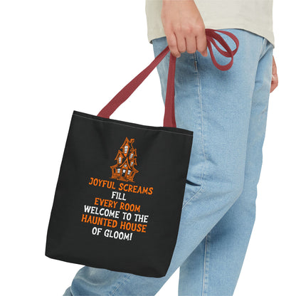Halloween Haunted House Tote Bag — "Joyful Screams" Trick-or-Treat Reusable Shopper