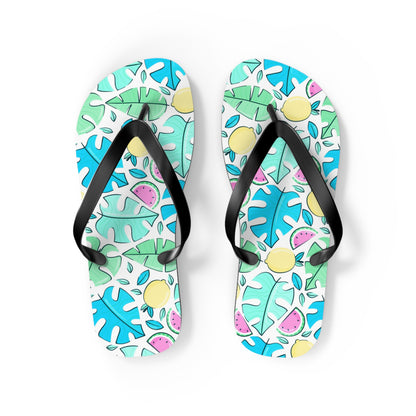Tropical Watermelon & Lemon Summer Flip Flops — Playful Fruit & Leaf Sandals