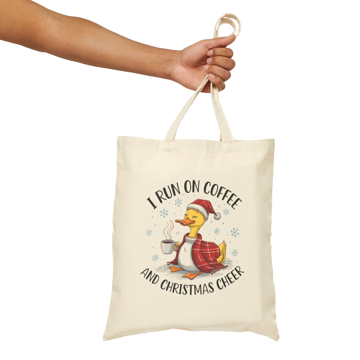 "I Run On Coffee And Christmas Cheer" Cozy Duck Coffee Lover Cotton Canvas Tote Bag