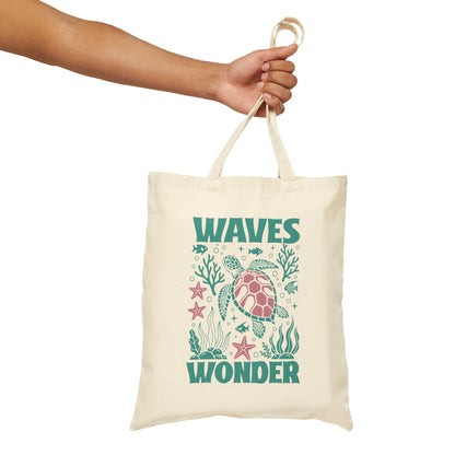 Waves & Wonder Sea Turtle Ocean Life Cotton Canvas Tote Bag