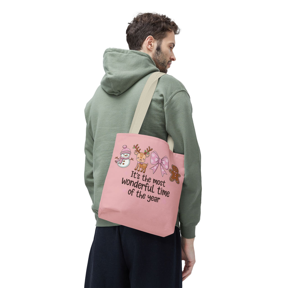 "It's The Most Wonderful Time Of The Year" Pink Holiday Icons Polyester Tote Bag