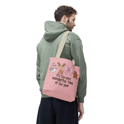 "It's The Most Wonderful Time Of The Year" Pink Holiday Icons Polyester Tote Bag