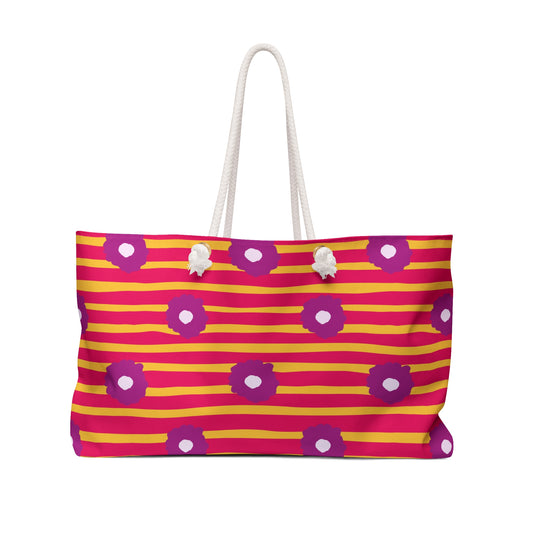 Floral Stripe Weekender Bag — Bright Pink & Yellow Weekend Tote