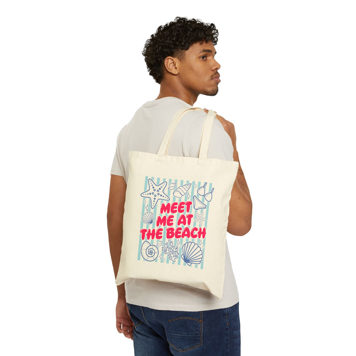Meet Me At The Beach Coastal Seashells & Stripes Cotton Canvas Tote Bag