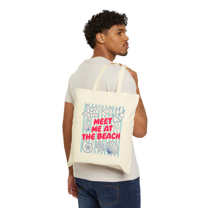 Meet Me At The Beach Coastal Seashells & Stripes Cotton Canvas Tote Bag