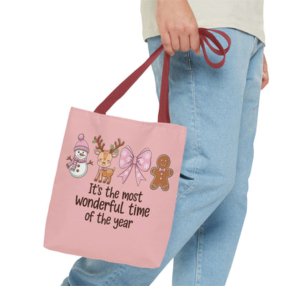 "It's The Most Wonderful Time Of The Year" Pink Holiday Icons Polyester Tote Bag