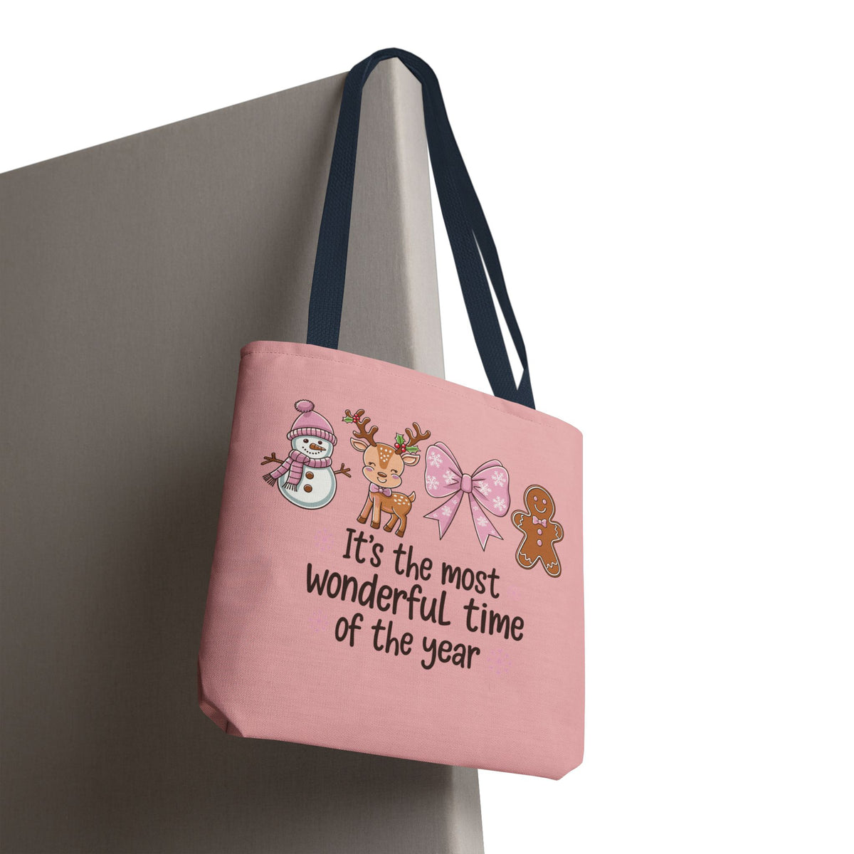 "It's The Most Wonderful Time Of The Year" Pink Holiday Icons Polyester Tote Bag