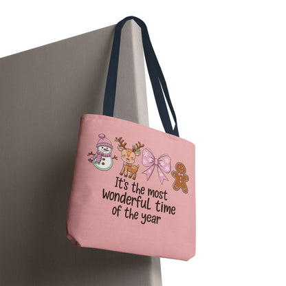 "It's The Most Wonderful Time Of The Year" Pink Holiday Icons Polyester Tote Bag