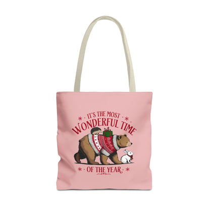"It's The Most Wonderful Time Of The Year" Woodland Animals Holiday Sweater Polyester Tote Bag