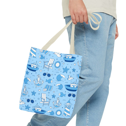 Nautical Coastal Pattern Tote Bag | Blue & White Beach Day Shopper