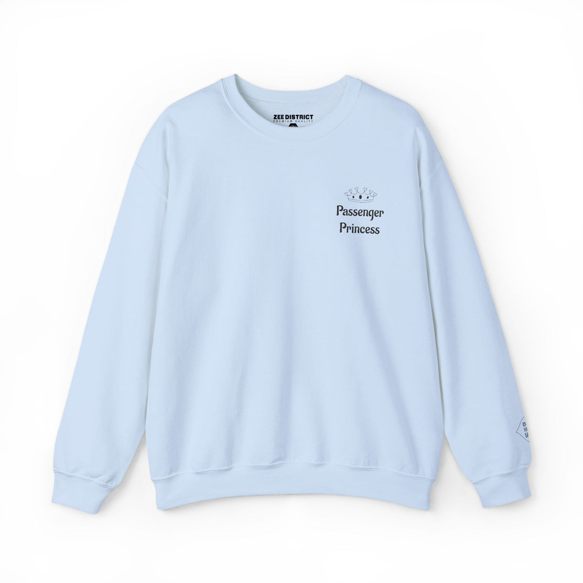 Personalized Passenger Princess Embroidered Crewneck Sweatshirt — Custom Name & Date Sleeve Detail