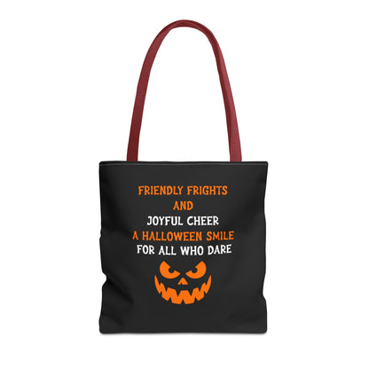 Halloween Jack-O'-Lantern Tote Bag — "Friendly Frights and Joyful Cheer" Trick-or-Treat Reusable Shopper