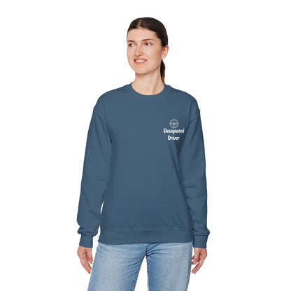 Personalized Designated Driver Embroidered Crewneck Sweatshirt — Custom Name & Date Sleeve Detail