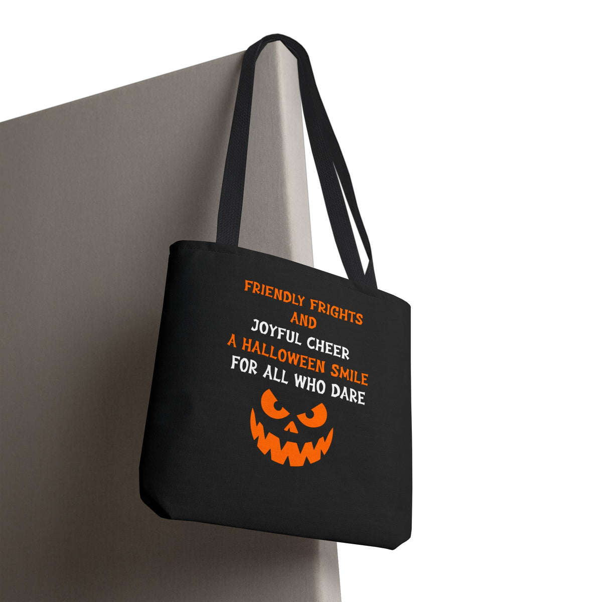 Halloween Jack-O'-Lantern Tote Bag — "Friendly Frights and Joyful Cheer" Trick-or-Treat Reusable Shopper