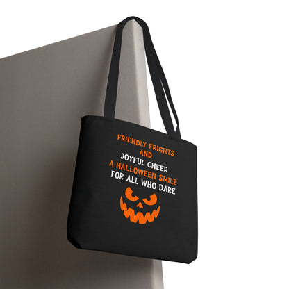 Halloween Jack-O'-Lantern Tote Bag — "Friendly Frights and Joyful Cheer" Trick-or-Treat Reusable Shopper