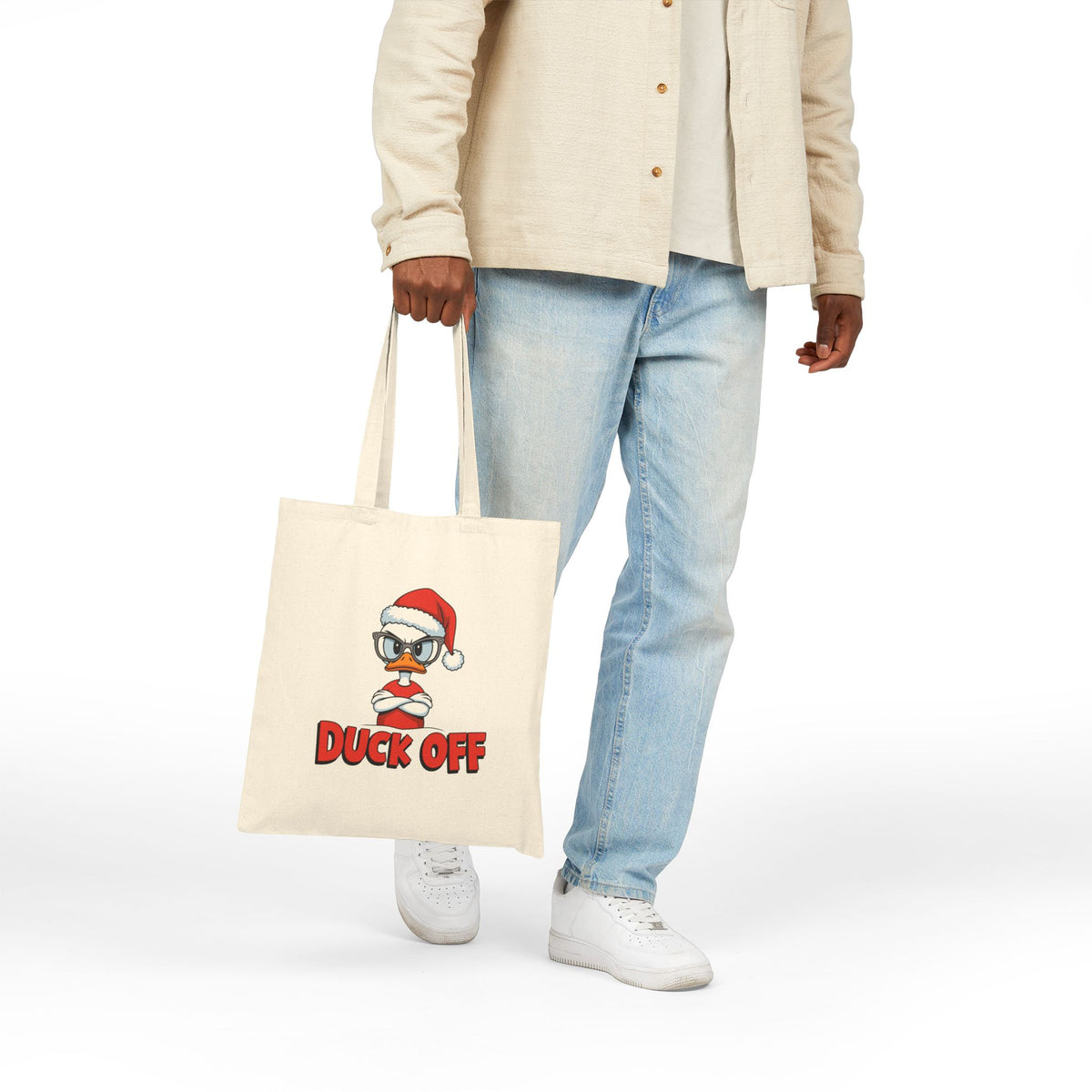 "Duck Off" Grumpy Santa Duck Funny Christmas Cotton Canvas Tote Bag