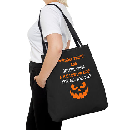Halloween Jack-O'-Lantern Tote Bag — "Friendly Frights and Joyful Cheer" Trick-or-Treat Reusable Shopper