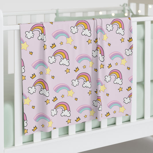 Rainbow Stars Baby Swaddle Blanket — Pink Pastel Clouds & Crowns Newborn Wrap