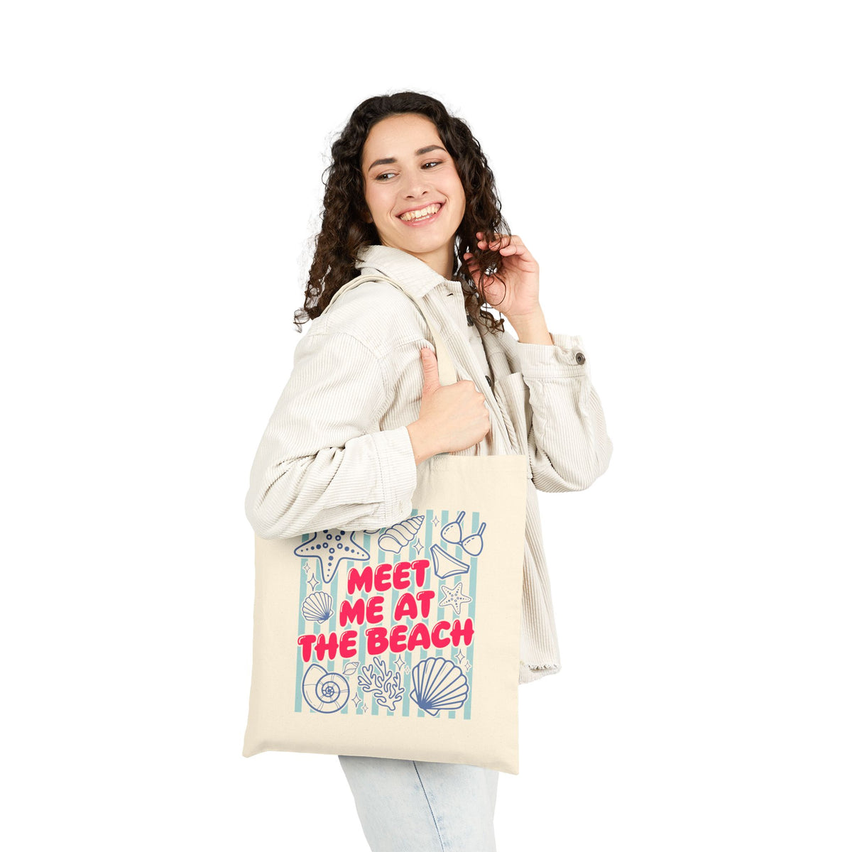 Meet Me At The Beach Coastal Seashells & Stripes Cotton Canvas Tote Bag