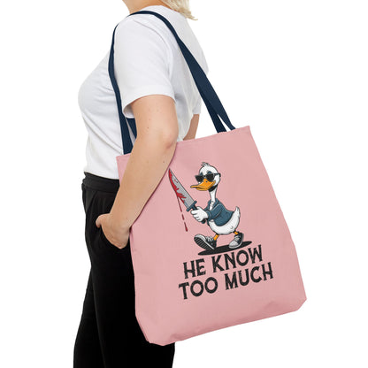 "He Know Too Much" Chaos Duck With Knife Funny Polyester Tote Bag
