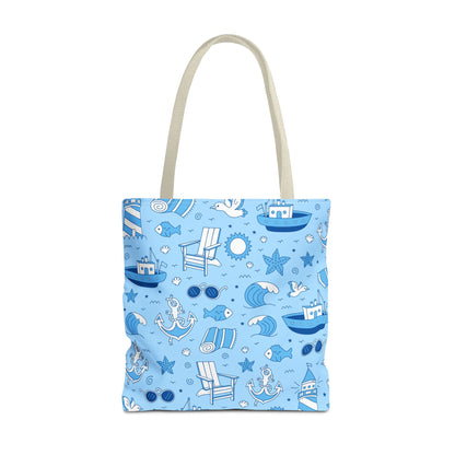 Nautical Coastal Pattern Tote Bag | Blue & White Beach Day Shopper